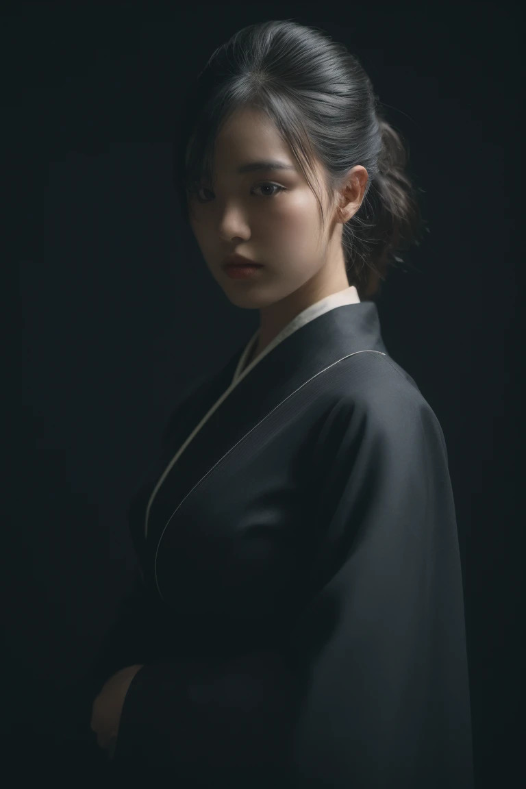 ((Best quality, 8k, Masterpiece :1.3)), Image of a geisha. 1girl. Like the hair of a Japanese geisha, Long black hair:1.3. Beautiful geisha in kimono, (black kimono), neat dress, atmospheric perspective, Volumetric lighting, Clear focus, absurd resolution, Realistic proportions, Good anatomy, (realistic,Hyper-realistic:1.37), 16K HD, INFO. ((dark background)), black background. ((Ultra-Wide Angle)), elegant model