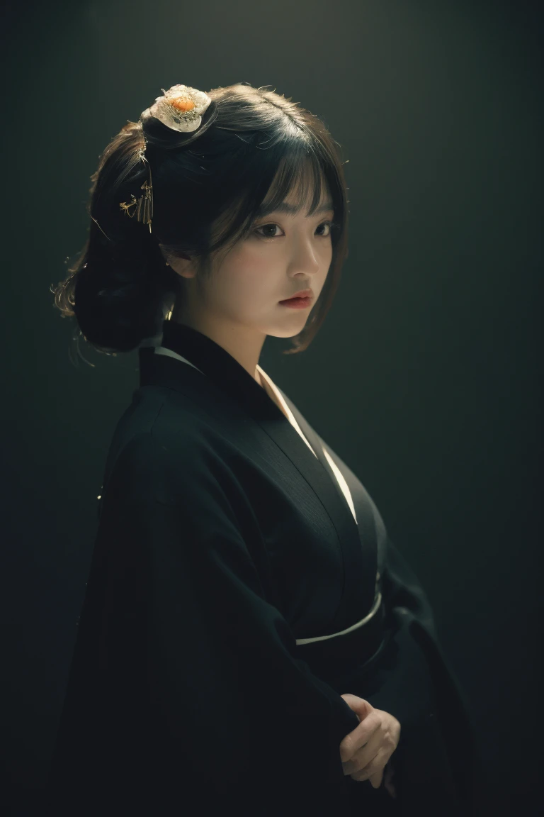 ((Best quality, 8k, Masterpiece :1.3)), Image of a geisha. 1girl. Like the hair of a Japanese geisha, Long black hair:1.3. Beautiful geisha in kimono, (black kimono), neat dress, atmospheric perspective, Volumetric lighting, Clear focus, absurd resolution, Realistic proportions, Good anatomy, (realistic,Hyper-realistic:1.37), 16K HD, INFO. ((dark background)), black background. ((Ultra-Wide Angle)), elegant model