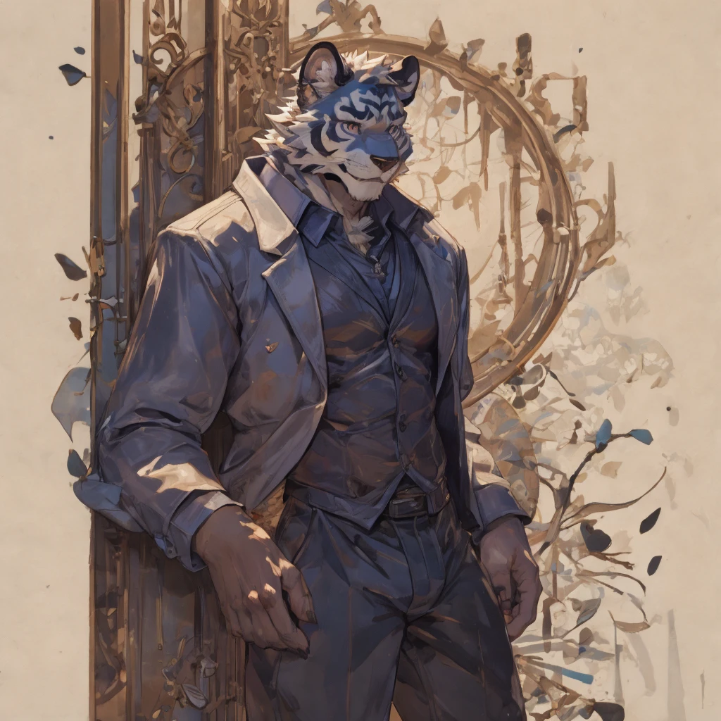 {{bara extremely handsome 白色的 tiger,}} {{白色的 fur,}} 白色的, 穿着优雅华丽的西装外套, 裤子, 白色的 dress shirt and necktie, 白色的 fluffy furry body and limbs, 乐福鞋, 非常高, 肩膀很宽, 柳腰, 肌肉发达的手臂, 巨大的胸肌, 紫色的眼睛, 腿很长, 巨大隆起, 精致热辣造型, 3/4 视图, 最好的质量, 高细节, CG图像, 角色泼墨艺术, 左耳上的银耳环, 闷热的笑容