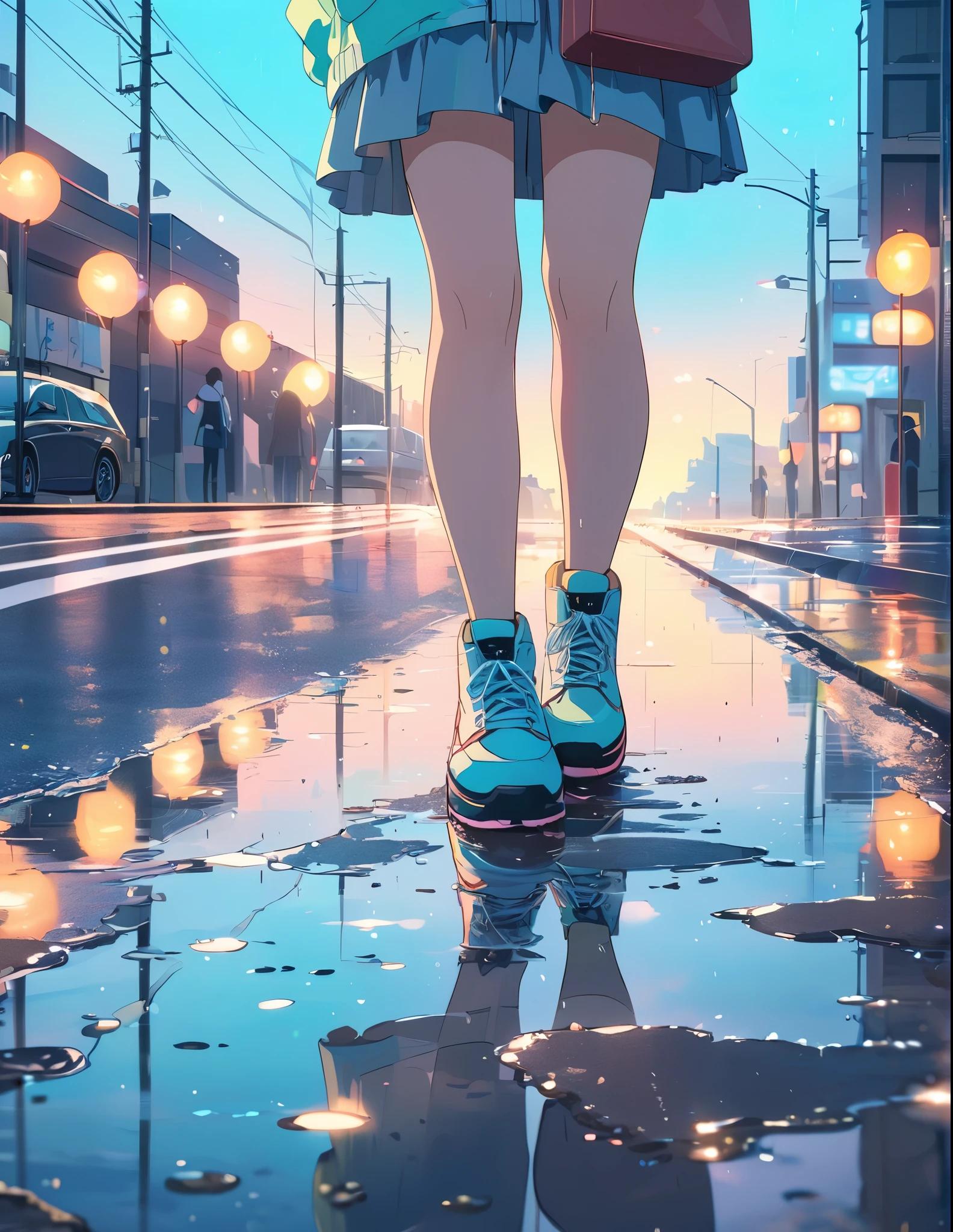 (anime style:1.4),Soft pictorial touches、超High resolution, Attention to detail, high quality, High resolution, 最high quality, 4K, 8K,Road after the rain、Puddle and girl、Pastel color effect