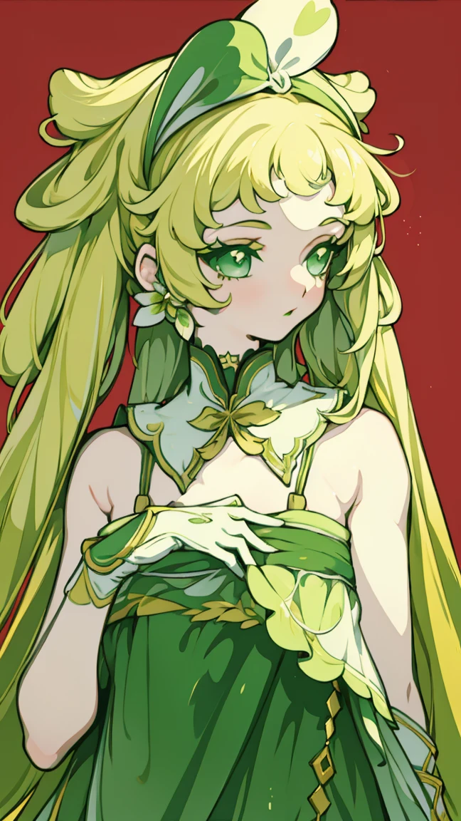 Painted on the chest, Honey, (1 girl), ((Solitary)), ((solitary)), charming, White skin, By Bangs, Blonde short hair, Green Eyes, Hair accessories, Very long hair, flowering, Shine beautiful light, Flowing hair, Green headband,Gloves，Eyeshadow, (Red lips), (Lace dress), masterpiece, high quality