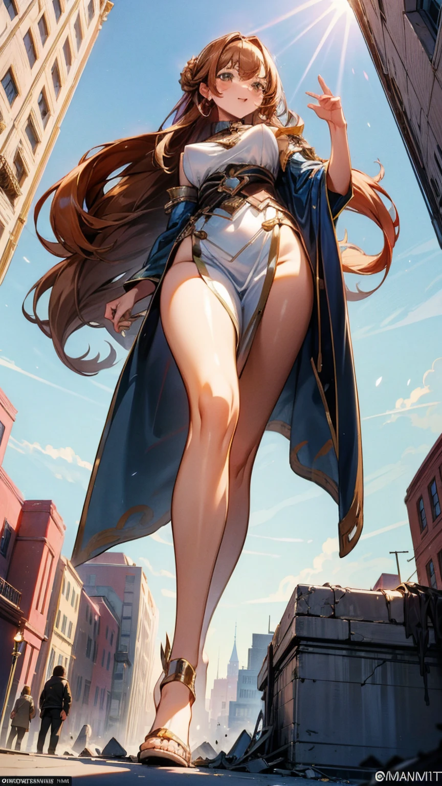 The elegant giantess, in a shimmering silver gown, with flowing auburn hair and hazel eyes, strides through an ancient city. Her towering form crushes stone buildings and statues underfoot, each step causing the ground to quake. She gazes down at the tiny humans below with a look of condescending amusement, her voice filled with mocking laughter. Her curvy body glistens in the sun, every movement exuding an air of majestic dominance and irresistible allure. Giantess, Goddess, sexy legs, heels, hot, curvy body, mommy issues, small town, small people, tiny people, macrophilia, perspective from below, high quality, almost naked, mature woman, majestic.

