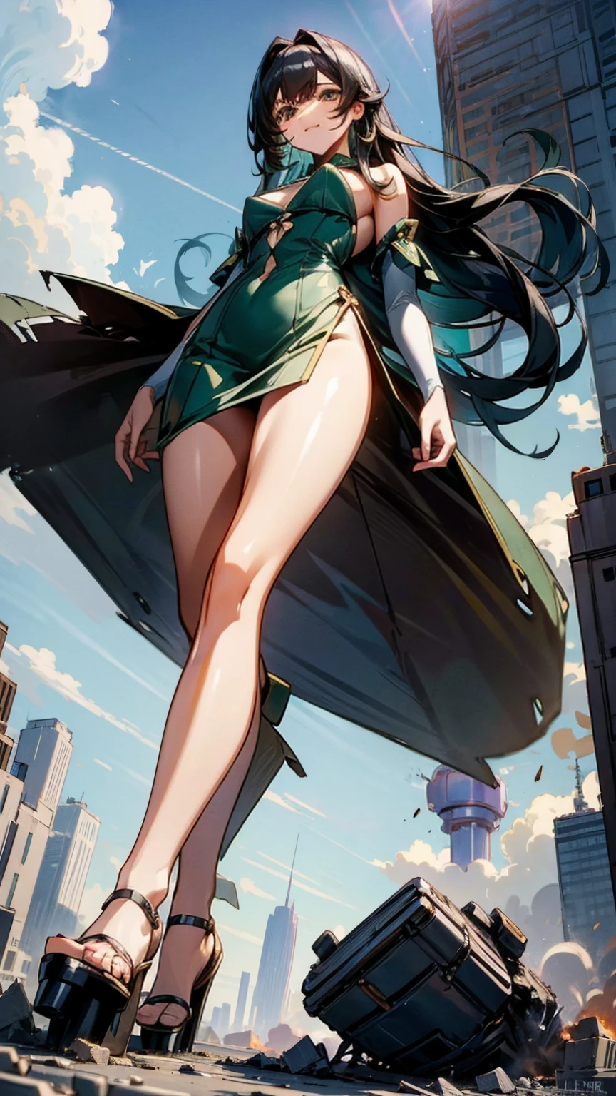 The striking giantess, dressed in a tight green dress, with flowing black hair and deep brown eyes, strides through a futuristic landscape. Her towering form crushes everything beneath her feet, leaving a trail of destruction in her wake. She gazes at the tiny people scurrying at her heels, her eyes filled with a mix of amusement and contempt. Her sultry voice taunts them about their helplessness, her voluptuous figure exuding an aura of raw power and sensuality. Giantess, Goddess, sexy legs, heels, hot, curvy body, mommy issues, small town, small people, tiny people, macrophilia, perspective from below, high quality, almost naked, mature woman, dominant.

