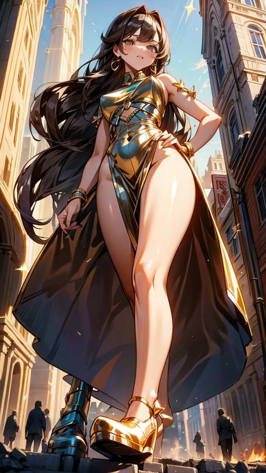 A glamorous giantess in a sparkling gold dress, with long brown hair and green eyes, strides through a bustling medieval city. Her towering form crushes homes and market stalls beneath her stiletto heels, each step causing the earth to tremble. She glances down at the tiny villagers, a cruel smile playing on her lips as her sultry voice echoes, taunting them about their helplessness. Her curvy body glistens in the sunlight, every movement exuding dominance and raw sensuality. Giantess, Goddess, sexy legs, heels, hot, curvy body, mommy issues, small town, small people, tiny people, macrophilia, perspective from below, high quality, almost naked, mature woman, seductive.

