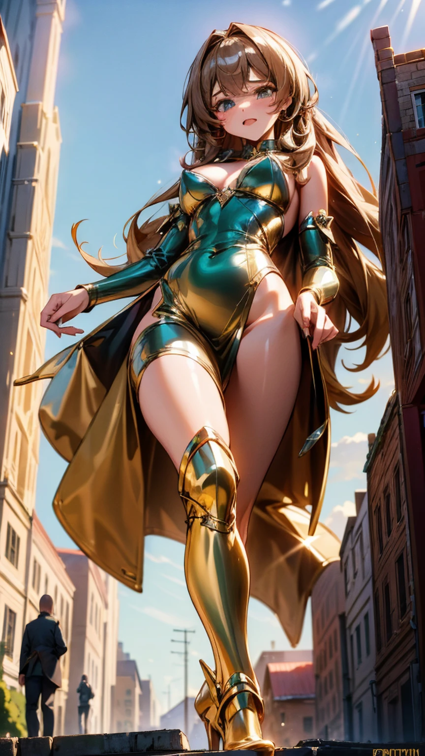 A glamorous giantess in a sparkling gold dress, with long brown hair and green eyes, strides through a bustling medieval city. Her towering form crushes homes and market stalls beneath her stiletto heels, each step causing the earth to tremble. She glances down at the tiny villagers, a cruel smile playing on her lips as her sultry voice echoes, taunting them about their helplessness. Her curvy body glistens in the sunlight, every movement exuding dominance and raw sensuality. Giantess, Goddess, sexy legs, heels, hot, curvy body, mommy issues, small town, small people, tiny people, macrophilia, perspective from below, high quality, almost naked, mature woman, seductive.

