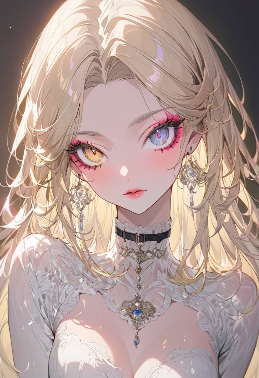 (Highest quality,Very detailed,High resolution:1.2),beautiful woman with perfect face,very_Long eyelashes, Detailed lips, Cool look, Soft Skin, Shiny Hair,Exquisite makeup,Heavy bangs，Gray pupils dilate，Long straight blonde hair with pink tips，、Ribbon on collar，Heterochromia iridis, black eye, Golden Eyes