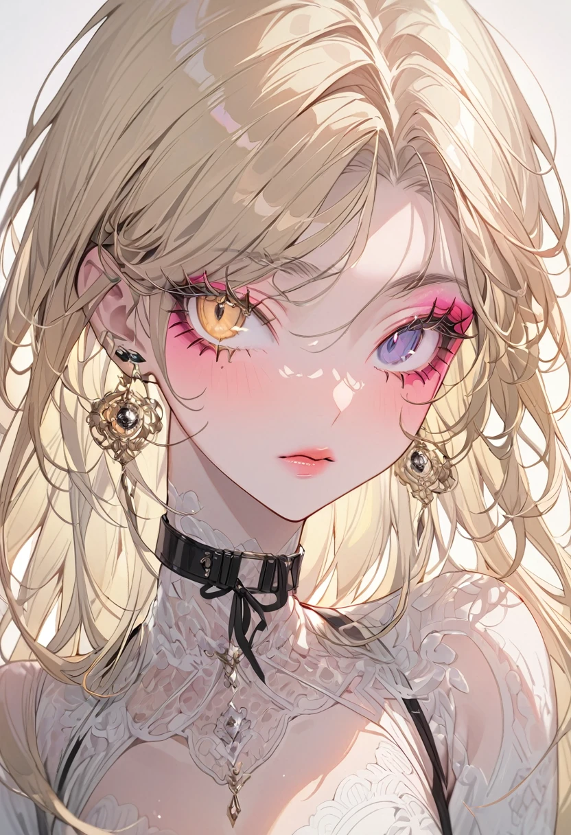 (Highest quality,Very detailed,High resolution:1.2),beautiful woman with perfect face,very_Long eyelashes, Detailed lips, Cool look, Soft Skin, Shiny Hair,Exquisite makeup,Heavy bangs，Gray pupils dilate，Long straight blonde hair with pink tips，、Ribbon on collar，Heterochromia iridis, black eye, Golden Eyes