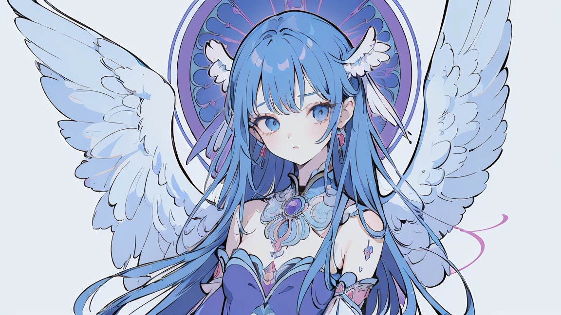 (Designed by nty:1.4),Upper body portrait of a girl,Bright blue purple, rich and colorful, Yoshitaka Amano character design,Solitary,Angelic, symmetrical beautiful, Angel Wings, Gorgeous long dress, stand up, (((Solitary))), Color Matching，Clear facial features, Clean lines design, Magic Elements, Future Technology, ((tarot card background)), Standing figure, ((Flat Color)), (masterpiece，Top quality，best quality，Ultra-high resolution), ((Exquisite facial features，Clear facial features，beautiful eyes，Pretty Face)) ,(32K Wallpaper),