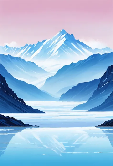 minimalist stripe painting, misty ice field，lovely glacier background，snow mountain