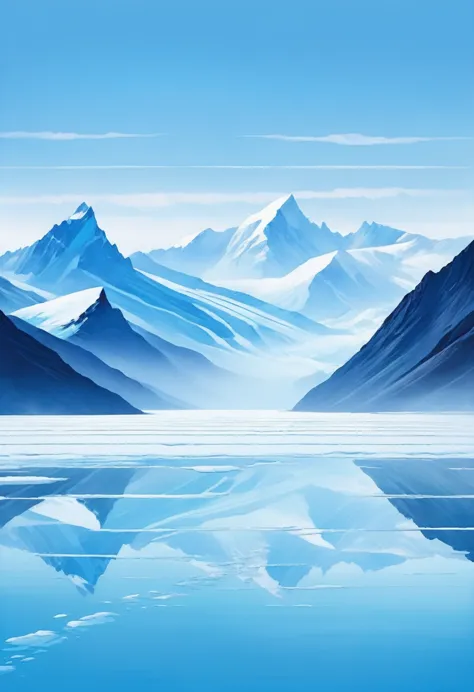 minimalist stripe painting, misty ice field，lovely glacier background，snow mountain