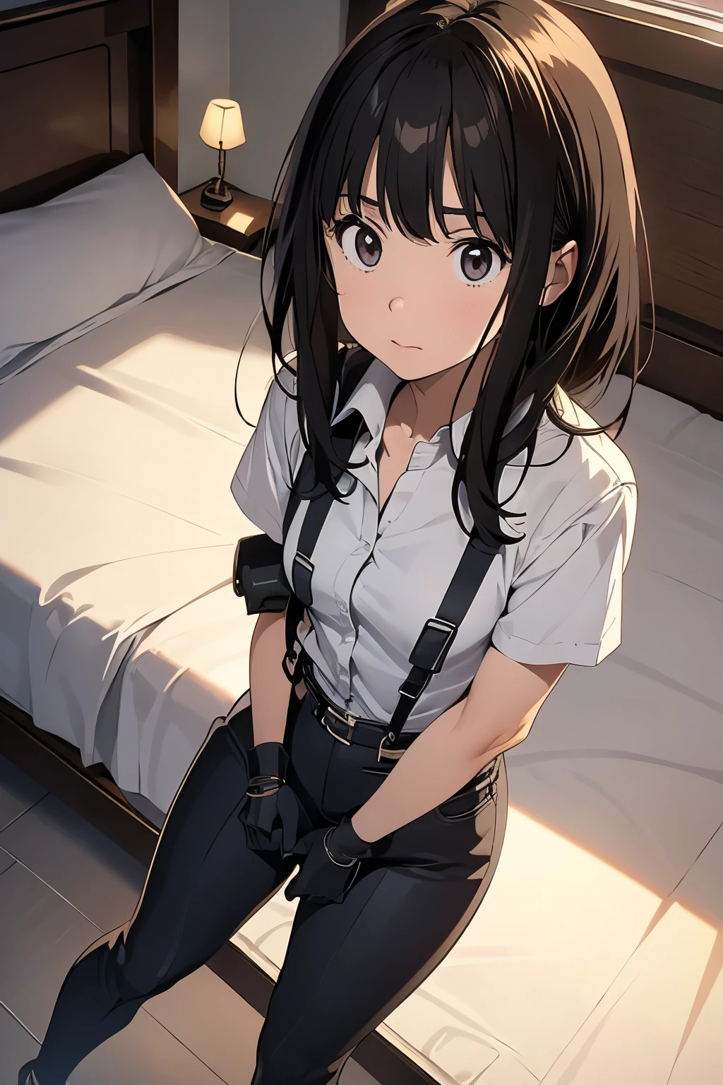   1 female, , high quality, masterpiece, Ultra-high resolution, , Cinema Lighting, , ,  And the suspenders with the cranes flying　　　Moderate breasts　 　 　　　　Small face　 　　　holster　　　　　　　 Lying in bed　Looking up　　　　Sweat 　　　belt　summer　脇Sweat 　Black Hole Gloves　suit　shirt　　Black jacket　 Black trousers　Leg Links　ズボンにbelt　　holster　 　　Hands behind your back　 Anxious expression　Looking up　Anxious face, legs apart　