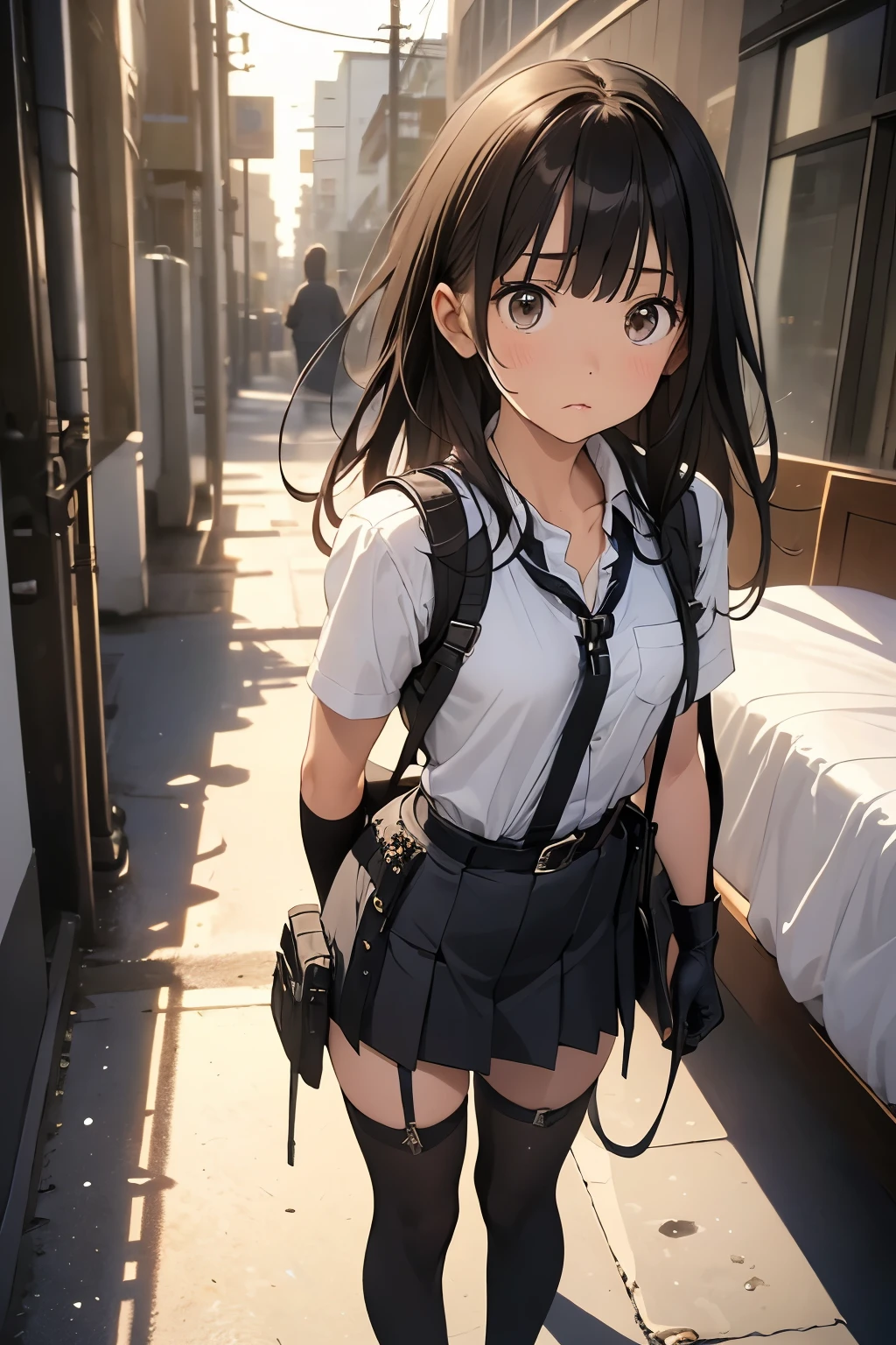 high quality, masterpiece, Ultra-high resolution, (Realism: 1.4), Oil painting style, Cinema Lighting, , I stood on the empty asphalt road and looked at it., And the suspenders with the cranes flying　　Moderate breasts　 　 　　　　Small face　 　　　holster　　　　　　　 Lying in bed　Looking up　　　　Sweat 　　　belt　buzzer　脇Sweat 　Black Hole Gloves　suit　　　　 mini skirt　garterbelt　Leg Links　Belt on trousers　　holster　 　　Hands behind your back　 Anxious expression　Looking up　Anxious face　Knee-high　Knee socks　Knee-highソックス garterbelt　garter　Garterbelt on thighs Long hair