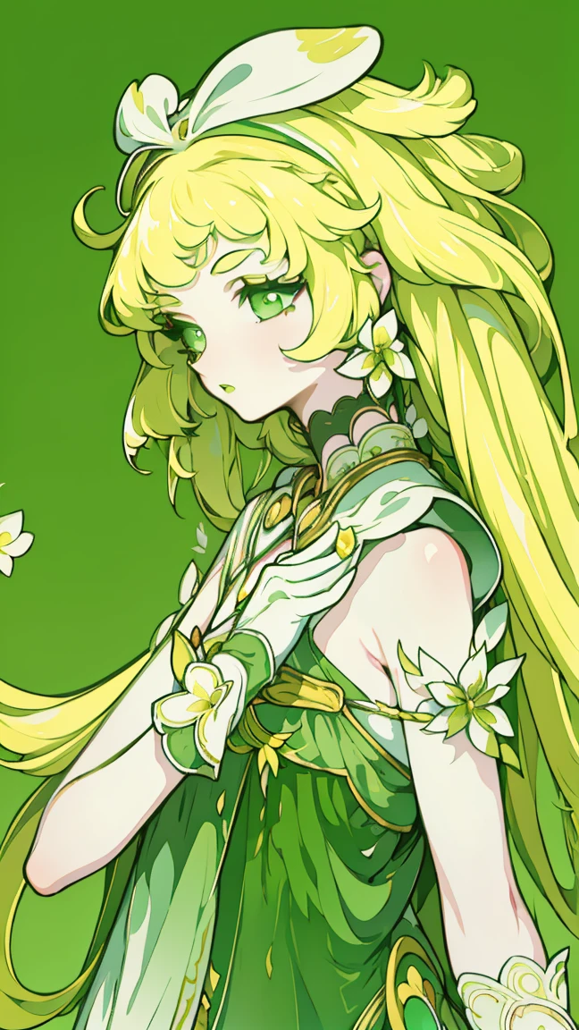 Painted on the chest, Honey, (1 girl), ((Solitary)), ((solitary)), charming, White skin, By Bangs, Blonde short hair, Green Eyes, Hair accessories, Very long hair, flowering, Shine beautiful light, Flowing hair, Green headband,Gloves，Eyeshadow, (Red lips), (Lace dress), masterpiece, high quality，((whole body))