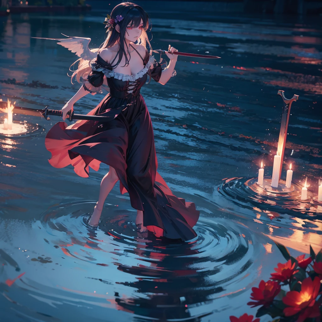 1 dark angel dancing on the lake, flowers and sword, splashed water, dimaond, smoke, lolita long dress, rage, bloody, 8k, hd, unreal engine, dreamy, romantic