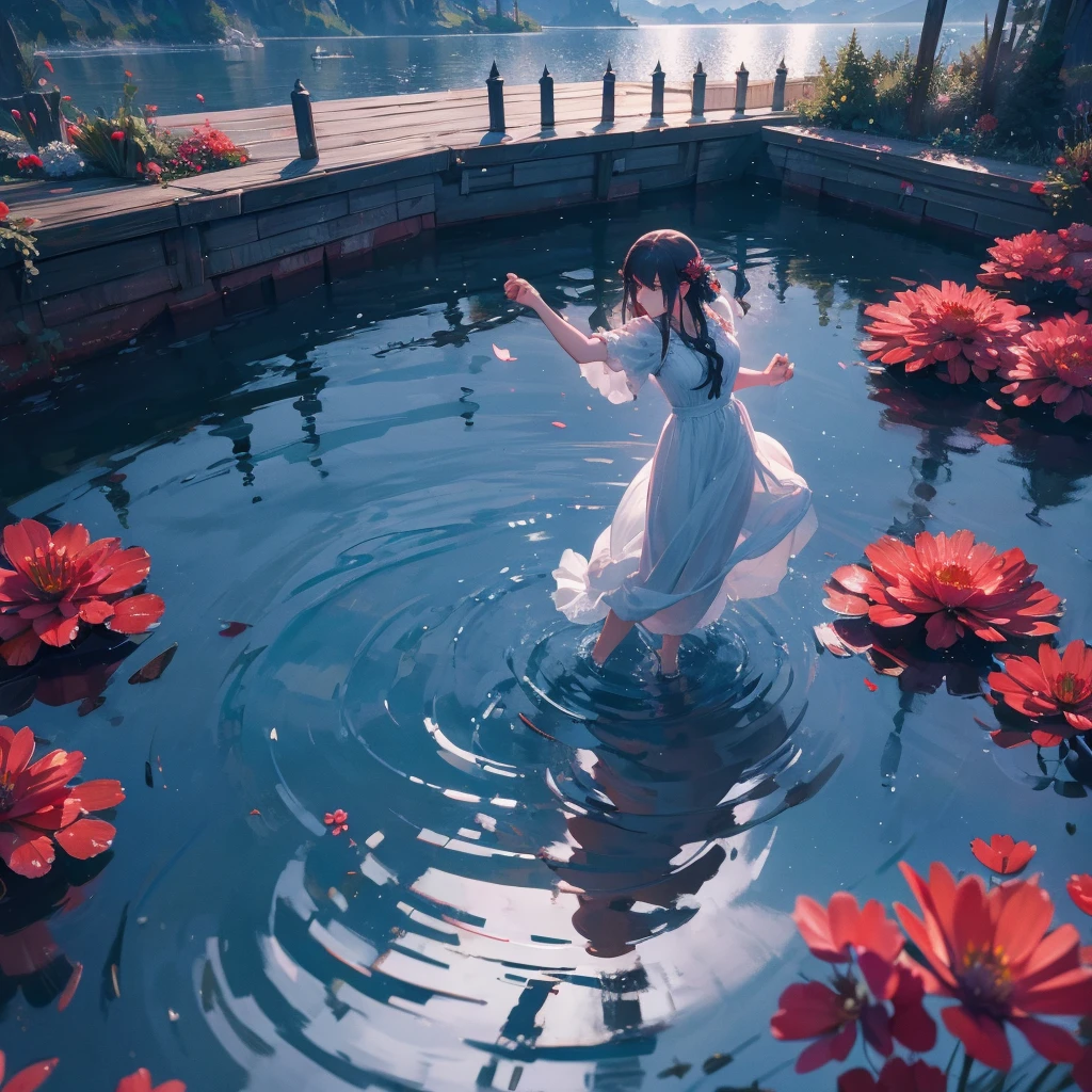 1 dark angel dancing on the lake, flowers and sword, splashed water, dimaond, smoke, lolita long dress, rage, bloody, 8k, hd, unreal engine, dreamy, romantic