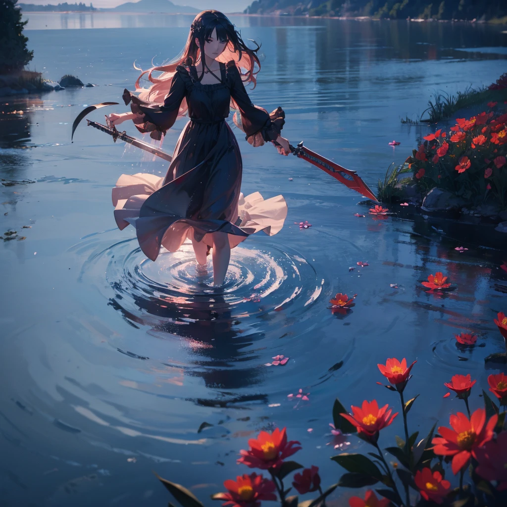 1 ange noir dansant sur le lac, fleurs et épée, eau éclaboussée, diamant, Fumée, Robe longue lolita, Rage, sanglant, 8k, HD, Moteur irréel, rêveur, Romantique