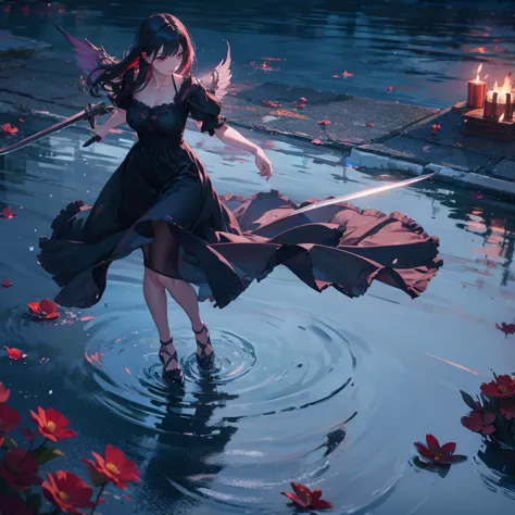 1 dark angel dancing on the lake, flowers and sword, splashed water, dimaond, smoke, lolita long dress, rage, bloody, 8k, hd, un...