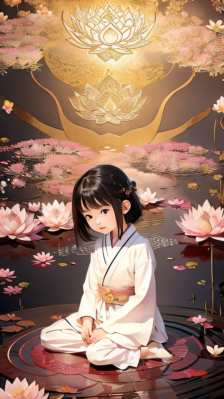 Deusa menina japonesa de 5 anos, virado para a frente, sentado em uma flor de lótus, fundo de mandala,