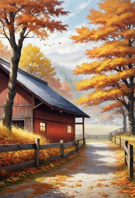 autumn， there is a painting in front of the barn，hd，white background，8k，超hd画质，masterpiece，natural texture，elegant and clear line...