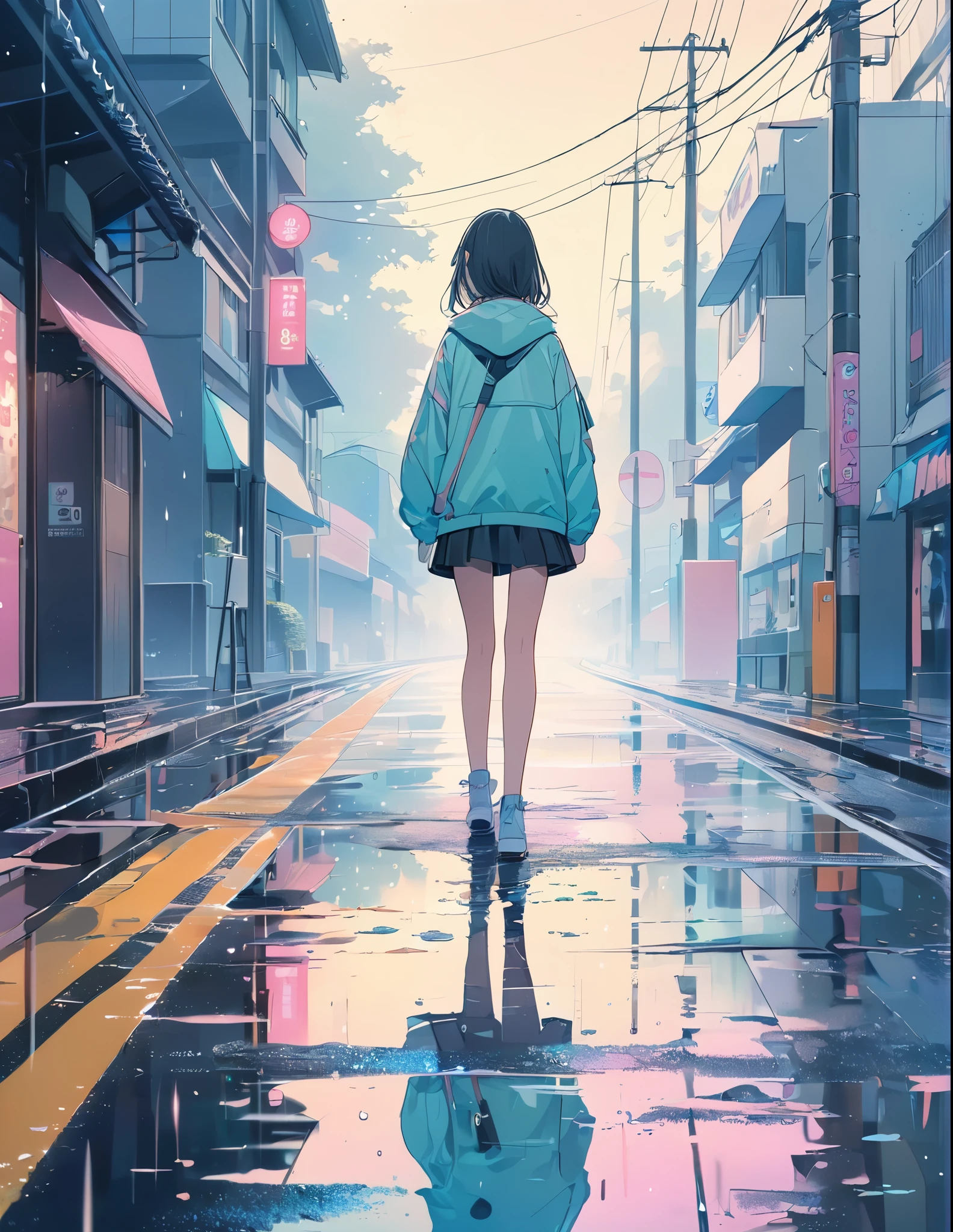 (Style animé:1.4),Touches picturales douces、超haute résolution, Attention au détail, Haute qualité, haute résolution, 最Haute qualité, 4k, 8k,Route après la pluie、Flaque d&#39;eau et fille、Effet de couleur pastel