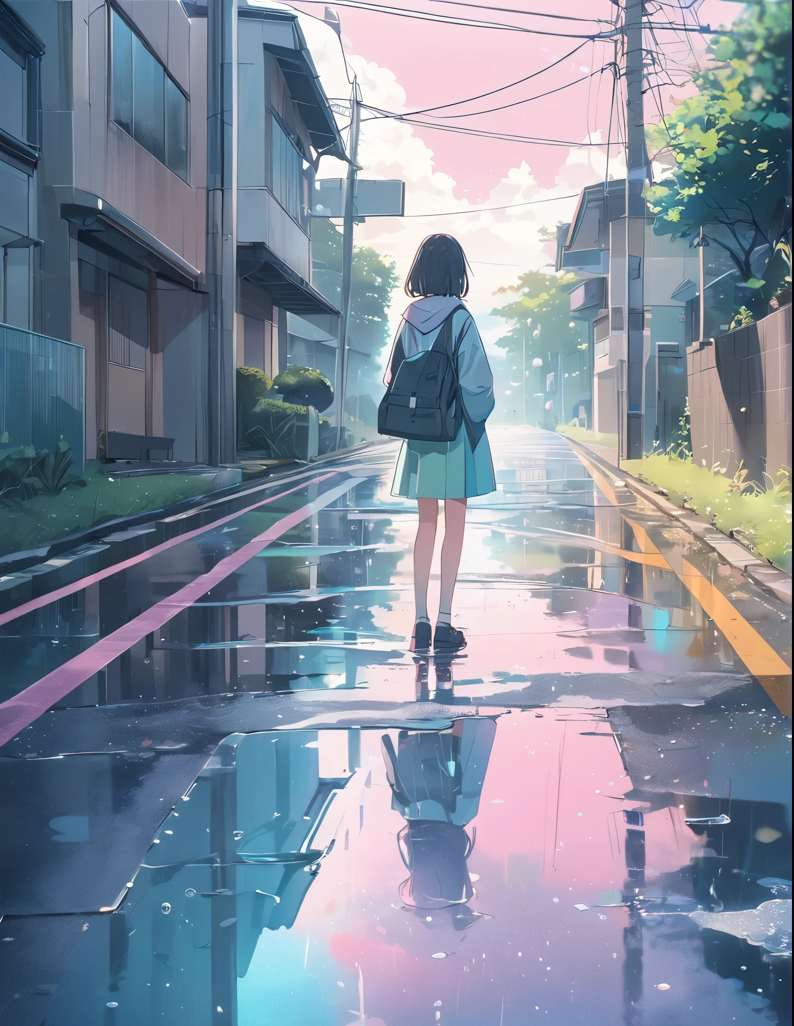 (Style animé:1.4),Touches picturales douces、超haute résolution, Attention au détail, Haute qualité, haute résolution, 最Haute qualité, 4k, 8k,Route après la pluie、Flaque d&#39;eau et fille、Effet de couleur pastel