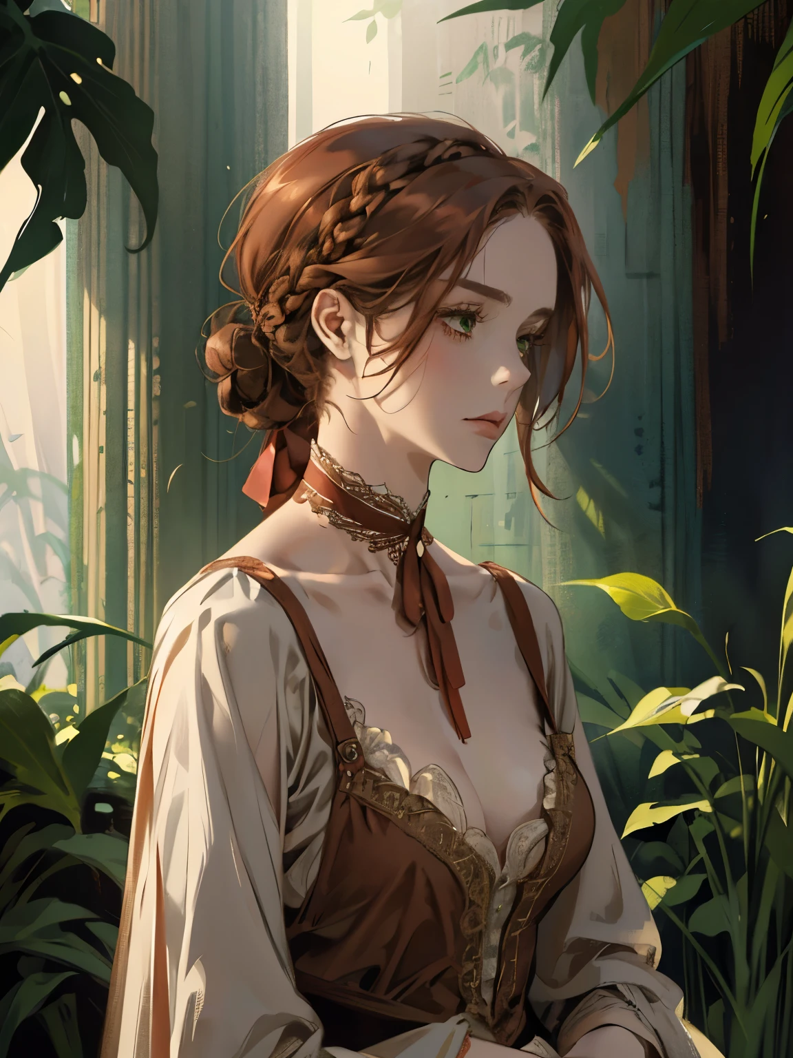1つ, , 髪を束ねた女性のデジタル絵画, 茶色の赤毛, 緑の目, 1800年代の若い貴族の女性 , 穏やかな顔, 長い顔, 見下ろす, 濃い赤のドレス, ((ネック丈のドレス)), 頭髪の周りの装飾肖像画スタイル, 目をそらす, 美しく緑豊かな庭園で