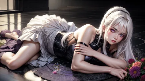 realisitic, 1 girl, white hair, purples eyes, glare eyes, top cut, overskirt, parted lips, blush, natta, flowers, floor, floorl...