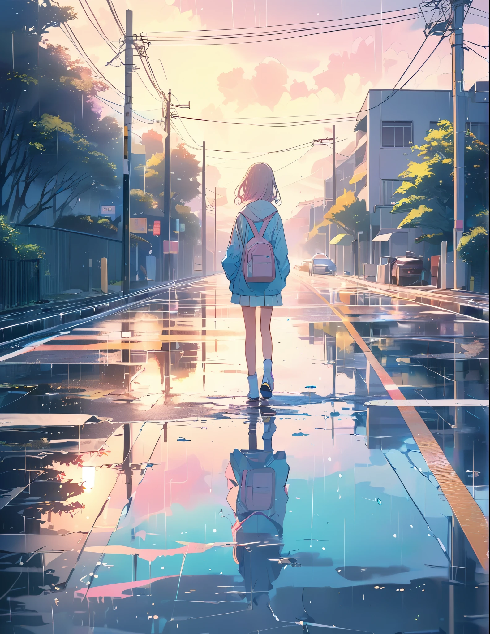 (Style animé:1.4),Touches picturales douces、超haute résolution, Attention au détail, Haute qualité, haute résolution, 最Haute qualité, 4k, 8k,Route après la pluie、Flaque d&#39;eau et fille、Effet de couleur pastel