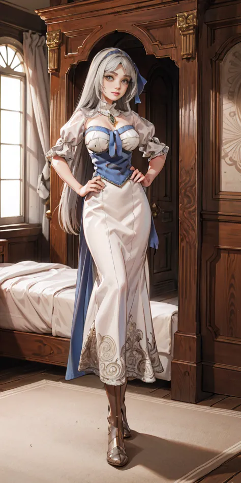 Setting: Royal bedroom - Grand, opulent, with rich fabrics and tapestries Character: Appearance: White hair - Short, styled in a...