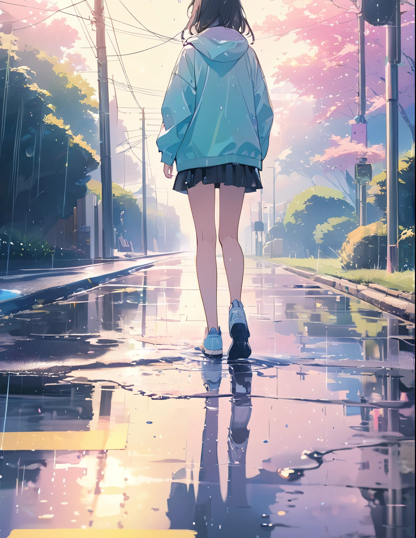 (anime style:1.4),Soft pictorial touches、超High resolution, Attention to detail, high quality, High resolution, 最high quality, 4K, 8K,Road after the rain、Puddle and girl、Pastel color effect