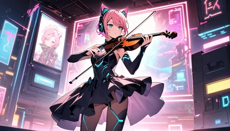 A beautiful single woman with a short undercut, pink hair, glowing wires, headphones, cat ears, and a neon sci-fi robot leotard....