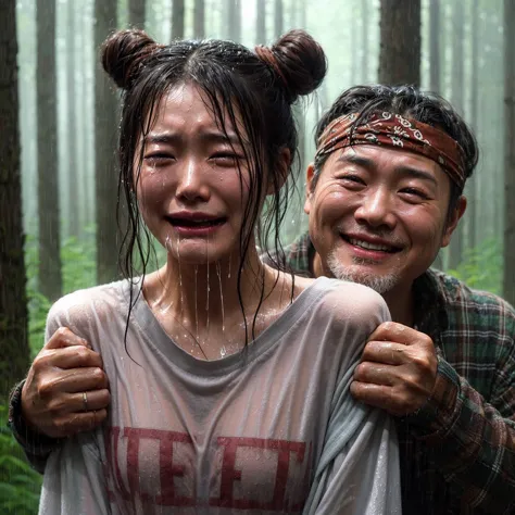 "a beautiful 17-year-old korean woman, crying, caught in the rain with wet clothes, wearing a t-shirt with her hair in two messy...