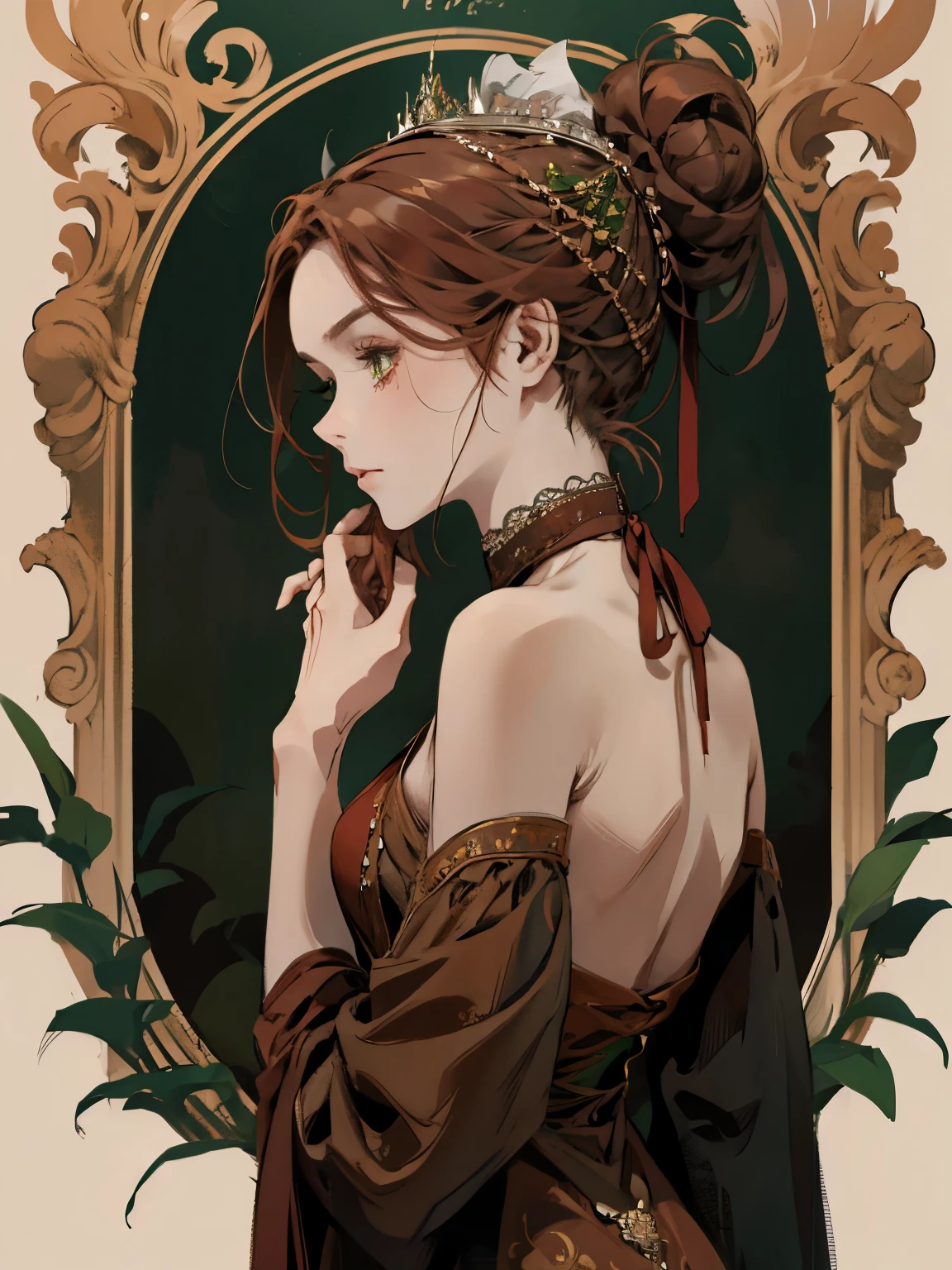Один, , цифровая картина женщины с волосами, завязанными в пучок, каштановые рыжие волосы, зеленые глаза, молодая дворянка 1800-х годов , спокойное лицо, Вытянутое лицо, смотрит вниз, темно-красное платье, ((платье длиной до шеи)), ткань, прикрывающие плечи, украшения на голову вокруг волос в портретном стиле, глядя, в красивом и зеленом саду