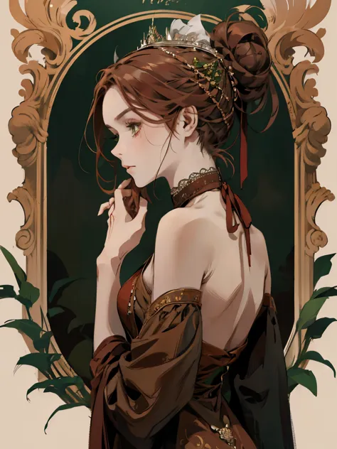 one, lonely, digital painting of a woman with her hair tied up in a bun, Brown red hair, green eyes, young noblewoman from the 1...