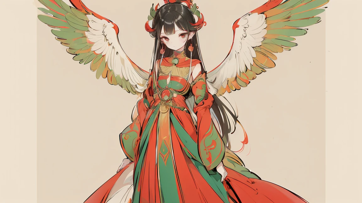 (Designed by nty:1.4),Full body portrait of a girl, Red and green colorful, rich and colorful, Yoshitaka Amano character design,Solitary,Angelic, symmetrical beautiful, Angel Wings, Gorgeous long dress, stand up, (((Solitary))), Color Matching，Clear facial features, Clean lines design, Magic Elements, Future Technology, ((tarot card background)), Standing figure, ((Flat Color)), (masterpiece，Top quality，best quality，Ultra-high resolution), ((Exquisite facial features，Clear facial features，beautiful eyes，Pretty Face)) ,(32K Wallpaper),