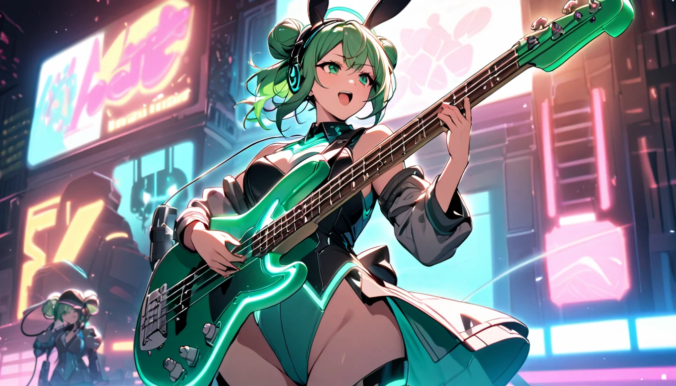 Beautiful girl, single, hair tied in two buns, green hair, glowing wires. Wear a half-hat, headphones, bunny ears, and a neon sci-fi robot leotard. Behind it is a robot with neon lights. The background image is a large robot clearly visible, on stage holding a bass and singing.
