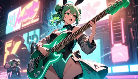 Beautiful girl, single, hair tied in two buns, green hair, glowing wires. Wear a half-hat, headphones, bunny ears, and a neon sc...