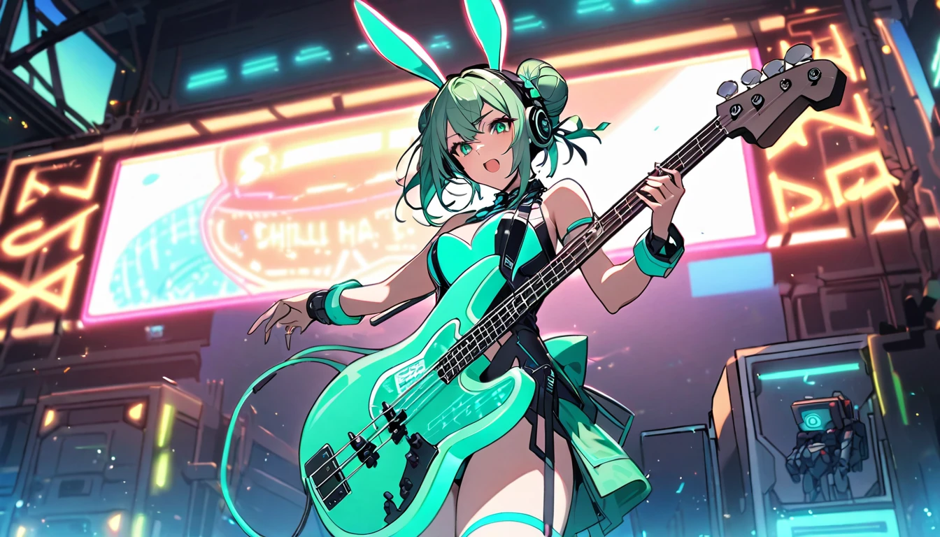 Beautiful girl, single, hair tied in two buns, green hair, glowing wires. Wear a half-hat, headphones, bunny ears, and a neon sci-fi robot leotard. Behind it is a robot with neon lights. The background image is a large robot clearly visible, on stage holding a bass and singing.