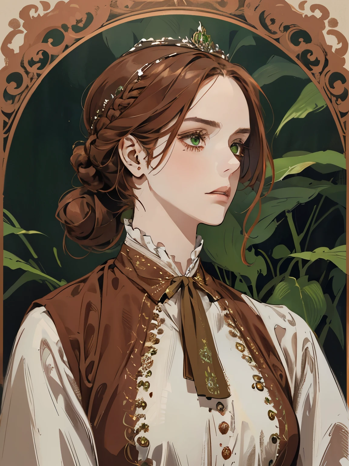 1つ, , 髪を束ねた女性のデジタル絵画, 茶色の赤毛, 緑の目, 1800年代の若い貴族の女性 , 穏やかな顔, 長い顔, 見下ろす, 濃い赤のドレス, 閉じた衣服, 頭髪の周りの装飾肖像画スタイル, 目をそらす, 美しく緑豊かな庭園で
