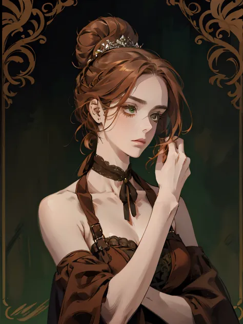 one, lonely, digital painting of a woman with her hair tied up in a bun, Brown red hair, green eyes, young noblewoman from the 1...