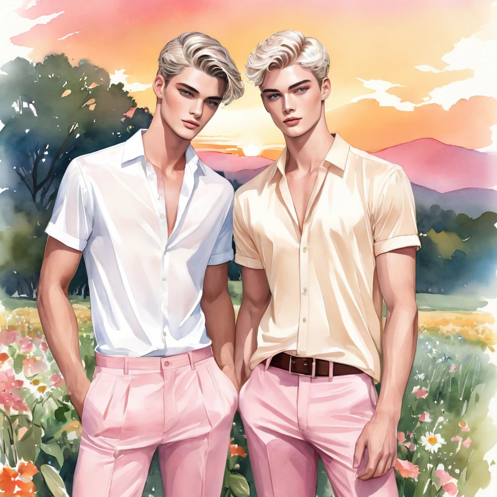 offene Modeillustration von 2man, ein charmantes 24-jähriges männliches Supermodel, erinnert an eine Mischung aus Sean O&#39;Pry und Lucky Blue Smith, ziert die Szene mit seiner magnetischen Präsenz an der Seite seines Freundes. Mit Merkmalen, die an eine Ken-Puppe erinnern, plastikartige Haut, er strahlt eine einzigartige Anziehungskraft aus, kurze blonde Haare, ergänzt seine straffen Brustmuskeln und seinen schlanken Körperbau. Mit natürlichem Hautton und fotogenem Charme, Vor der Kulisse eines atemberaubenden Sonnenuntergangs auf dem Land, Bauernhof, wilde Blume, in einem weißen und rosafarbenen, lässigen, schlichten Outfit mit einer leichten Wölbung. Der Boyfriend im eleganten, schicken Stil, ein übergroßes, kurzärmeliges Hemd mit minimalen Stickereien, gepaart mit einer locker sitzenden weißen Short, Zusammen ergeben sie eine dynamische und fesselnde Komposition, gefangen von ((unvollkommener Aquarellzeichnungshintergrund)), Mode-Lookbook, Modeillustrator, Mode-Skizze-Design, Fröhlich, Fröhlich couple, Das Bild besticht durch hohe Qualität.