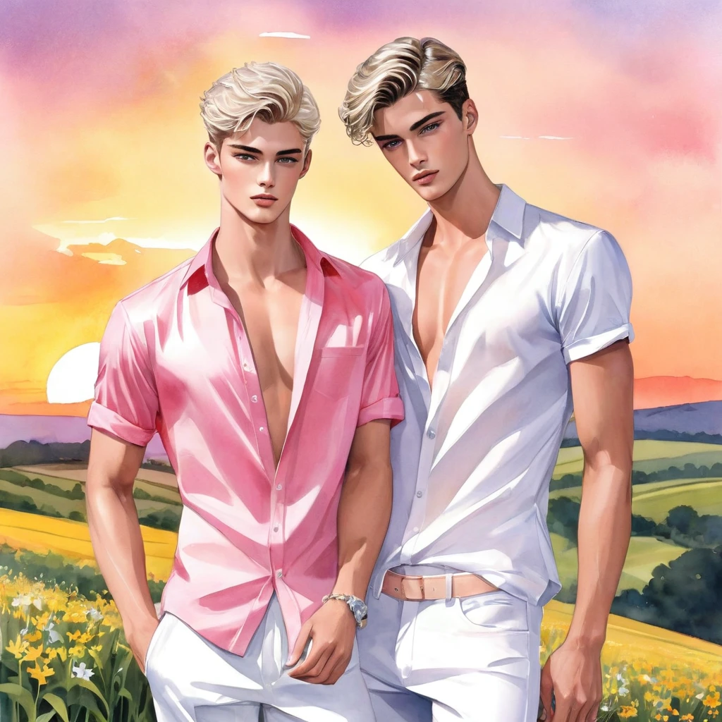 offene Modeillustration von 2man, ein charmantes 24-jähriges männliches Supermodel, erinnert an eine Mischung aus Sean O&#39;Pry und Lucky Blue Smith, ziert die Szene mit seiner magnetischen Präsenz an der Seite seines Freundes. Mit Merkmalen, die an eine Ken-Puppe erinnern, plastikartige Haut, er strahlt eine einzigartige Anziehungskraft aus, kurze blonde Haare, ergänzt seine straffen Brustmuskeln und seinen schlanken Körperbau. Mit natürlichem Hautton und fotogenem Charme, Vor der Kulisse eines atemberaubenden Sonnenuntergangs auf dem Land, Bauernhof, wilde Blume, in einem weißen und rosafarbenen, lässigen, schlichten Outfit mit einer leichten Wölbung. Der Boyfriend im eleganten, schicken Stil, ein übergroßes, kurzärmeliges Hemd mit minimalen Stickereien, gepaart mit einer locker sitzenden weißen Short, Zusammen ergeben sie eine dynamische und fesselnde Komposition, gefangen von ((unvollkommener Aquarellzeichnungshintergrund)), Mode-Lookbook, Modeillustrator, Mode-Skizze-Design, Fröhlich, Fröhlich couple, Das Bild besticht durch hohe Qualität.