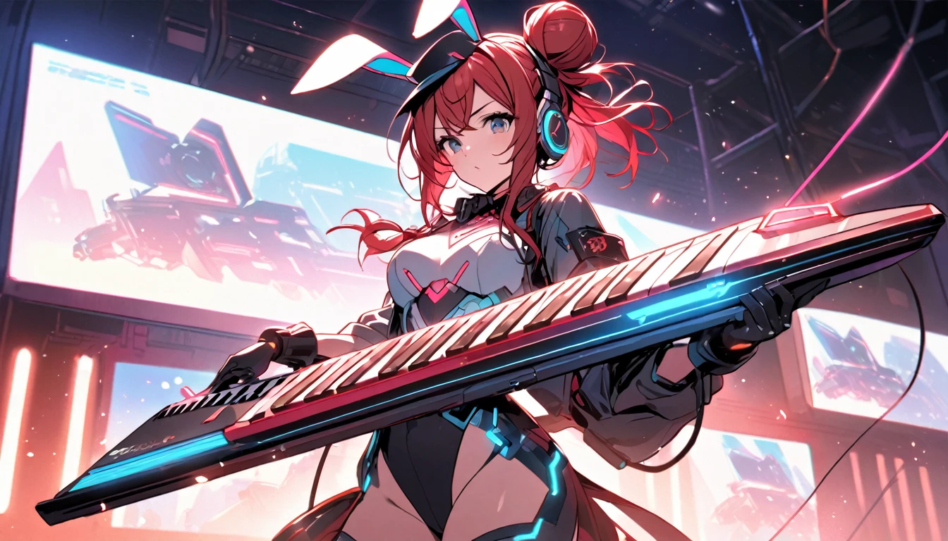Beautiful girl, single, hair tied in two buns, red hair, glowing wires. Wear a half hat, headphones, bunny ears, and a neon sci-fi robot leotard. Behind it is a robot with neon lights. The background image is a large robot clearly visible, on stage playing Keytar.