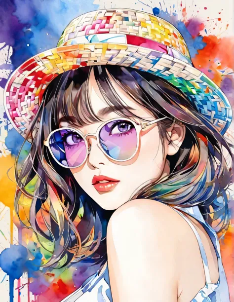 beautiful woman portrait, sylvia pelissero watercolors, colorful flowers、beautiful eyes、 abstract art, intense watercolor, water...