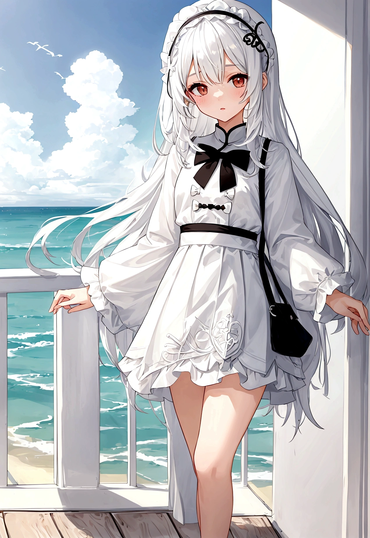 Girl in white skirt，at the seaside，Chinese long-haired girl