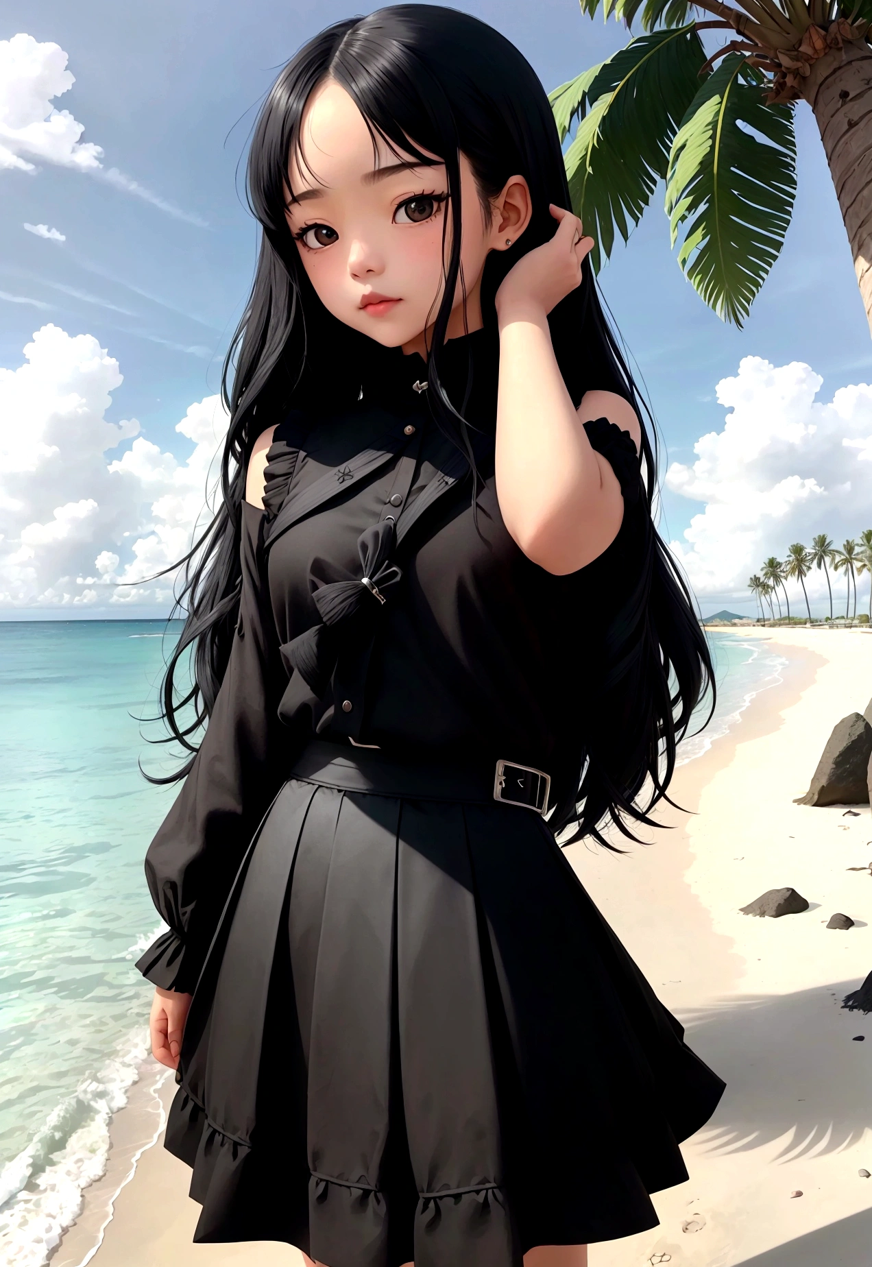 Girl in black skirt，at the seaside，Black long hair girl，National Trend，Beach，Coconut Tree