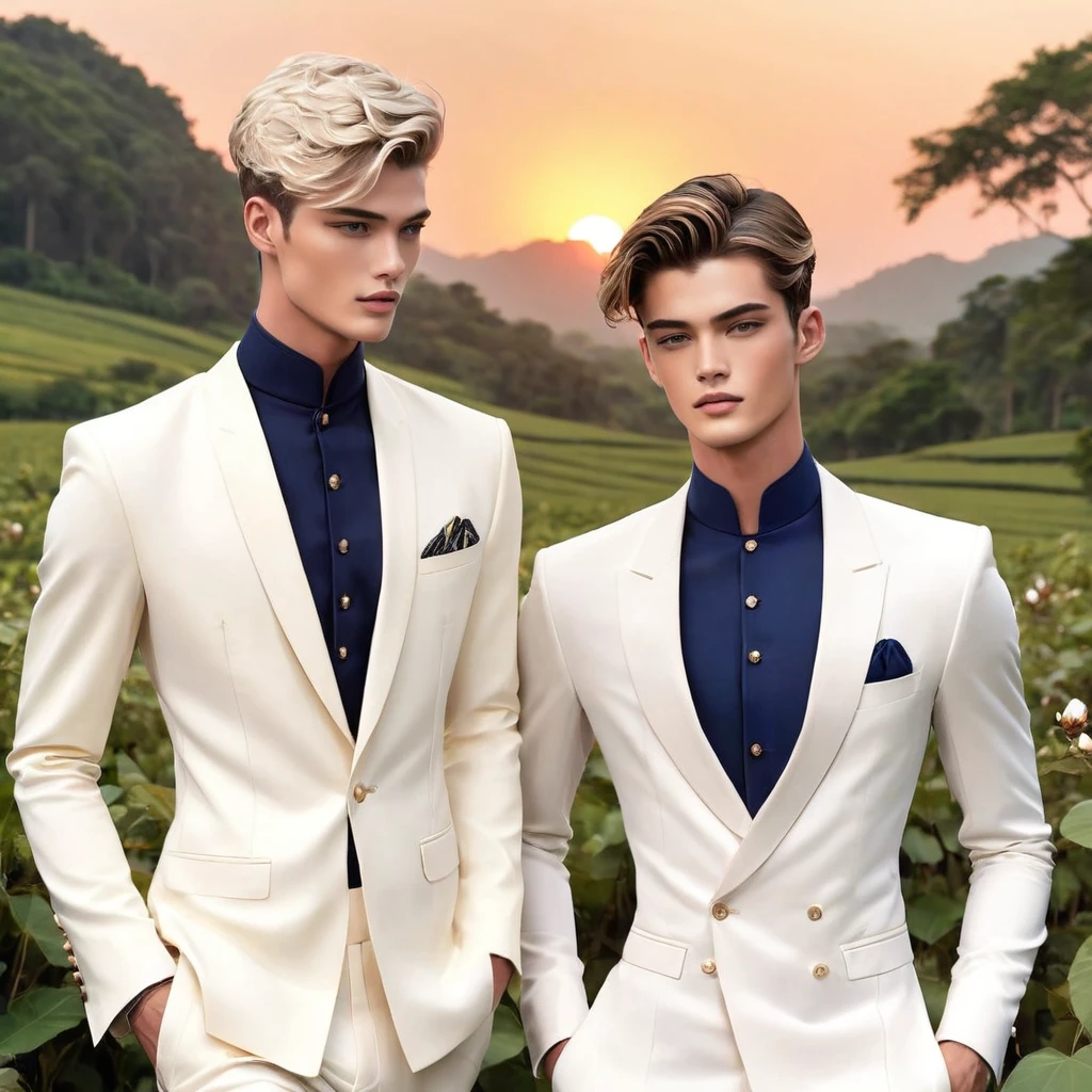 candid fashion illustration of 2man, a charming 24 year-old male supermodel, reminiscent of a mixed between Sean O’Pry and Lucky Blue Smith, graces the scene with his magnetic presence alongside his boyfriend. With features reminiscent of a Ken-doll, plastic-like skin, he exudes a unique allure, short blonde hair, complementing his toned pectorals and slender physique. With a natural skin tone and a photogenic charm, Set against the backdrop of a breathtaking sunset at countryside, farm, wild flower, ((showcase fashion in cotton handwoven all in North Thai traditional style)), simple elegant style, wears a simple long-sleeved white mandarin collar suit, paired with Tailor pants, semi bulge. The  boyfriend in elegant crafted North Thai traditional outfits, with minimal embroidery details, Together they create a dynamic and compelling composition, Captured by ((imperfect water color drawing background)), fashion look book, fashion illustrator, fashion sketch design, gay, gay couple, the image boasts high-quality.