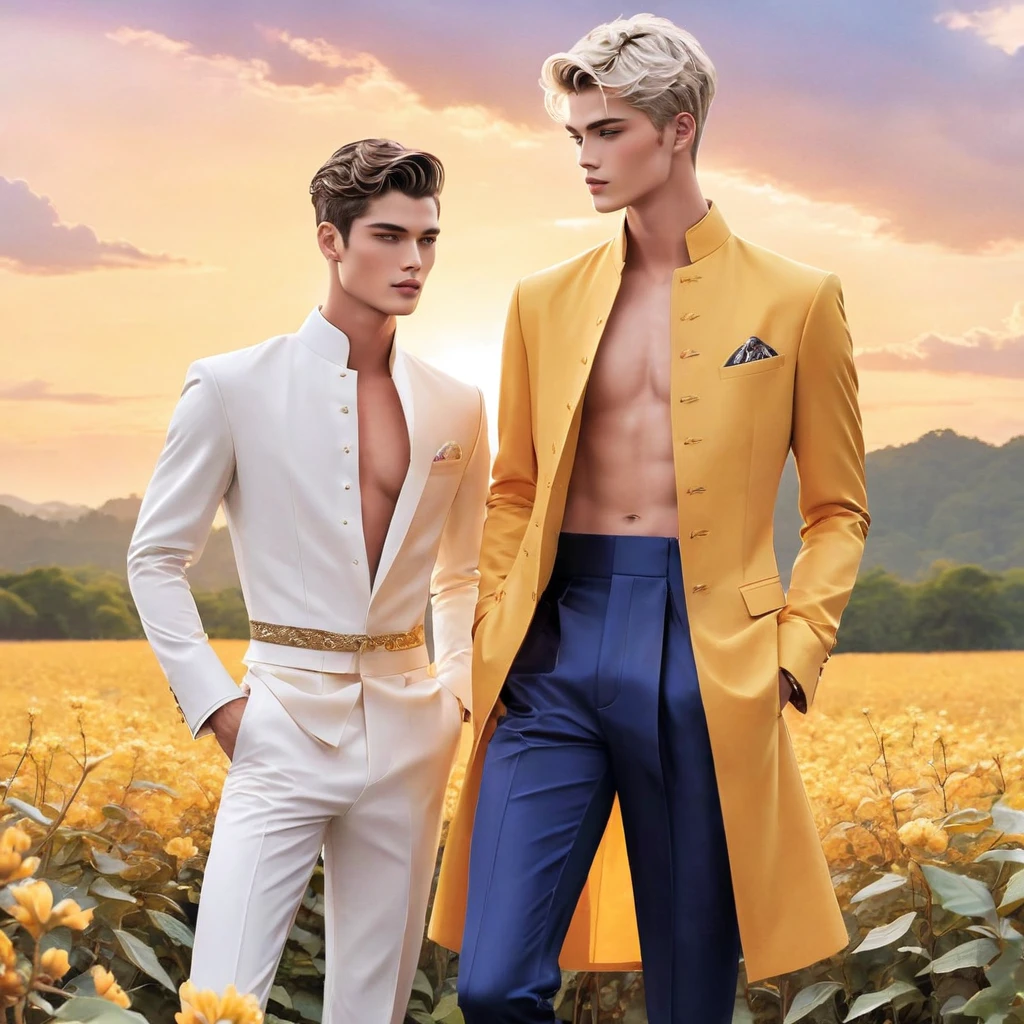 candid fashion illustration of 2man, a charming 24 year-old male supermodel, reminiscent of a mixed between Sean O’Pry and Lucky Blue Smith, graces the scene with his magnetic presence alongside his boyfriend. With features reminiscent of a Ken-doll, plastic-like skin, he exudes a unique allure, short blonde hair, complementing his toned pectorals and slender physique. With a natural skin tone and a photogenic charm, Set against the backdrop of a breathtaking sunset at countryside, farm, wild flower, ((showcase fashion in cotton handwoven all in North Thai traditional style)), simple elegant style, wears a simple long-sleeved white mandarin collar suit, paired with Tailor pants, semi bulge. The  boyfriend in elegant crafted North Thai traditional outfits, with minimal embroidery details, Together they create a dynamic and compelling composition, Captured by ((imperfect water color drawing background)), fashion look book, fashion illustrator, fashion sketch design, gay, gay couple, the image boasts high-quality.