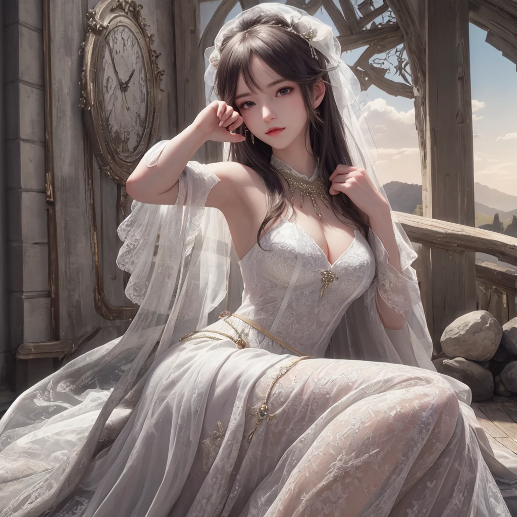 (best quality), masterpiece, Extremely detailed CG8K painting, high color, Extremely high color saturation, All colors are deepened, central composition, Extremely detailed light and shadow, The face and eyes are very detailed, medium length hair, sportswear, colorful clouds，beautiful nature，landscape，Wear a wedding dress，wedding clothes