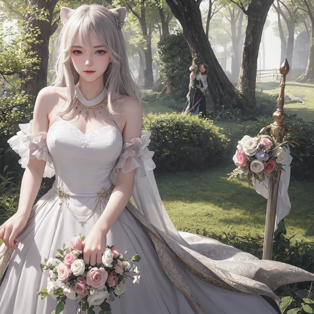 (best quality), masterpiece, Extremely detailed CG8K painting, high color, Extremely high color saturation, All colors are deepened, central composition, Extremely detailed light and shadow, The face and eyes are very detailed, medium length hair, sportswear, colorful clouds，beautiful nature，landscape，Wear a wedding dress，wedding clothes，1 girl